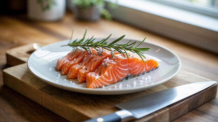 Fresh Salmon Slices with Rosemary on a White Plate Ready for Cooking