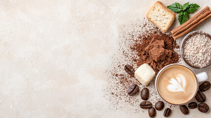 Delightful arrangement of coffee, cocoa, and bakery items creates warm atmosphere. cappuccino, cocoa powder, and coffee beans