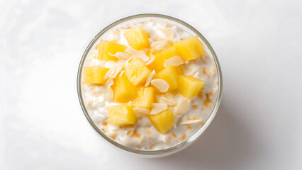 Ambrosia salad Ambrosia salad with creamy texture topped with fresh pineapple and almond slices in glass bowl