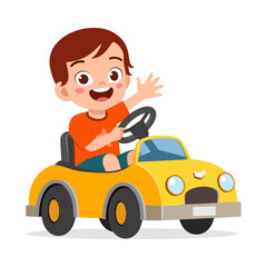 Happy boy driving toy car and waving hand with smile in illustration style