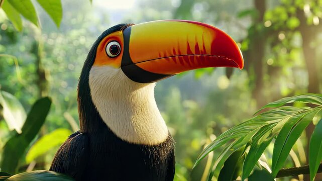 Exotic toco toucan perched among lush green foliage in the morning light, Exotic toco toucan bird in natural setting and looking, movie