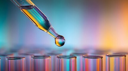 Close-up of Pipette Dispensing Liquid into Test Tubes Against a Colorful Background