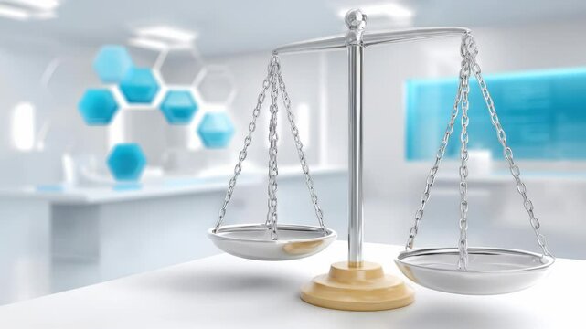 Silver balance scale with wooden base white table modern laboratory featuring blue hexagonal shapes and digital screen background