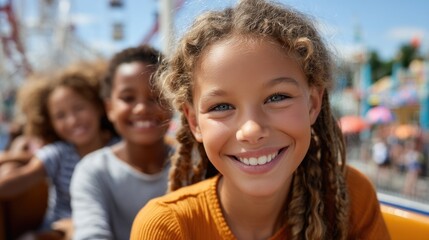 Fototapeta premium A portrait of a cheerful teenage girl on an amusement park ride on a bright sunny day. A group of teenagers at an amusement park.