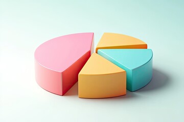 Colorful, 3D pie chart illustration.  A visual representation of data distribution, segmented into four distinct sections.  Each section is a different pastel color pink, orange, and light blue