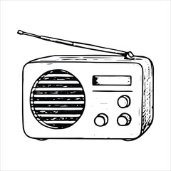 Hand-drawn radio sketch, ideal for podcast and broadcasting designs. Black and white vector style, perfect for media and vintage audio projects
