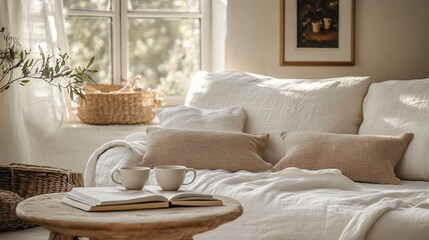 Cozy living room with linen furniture and natural light