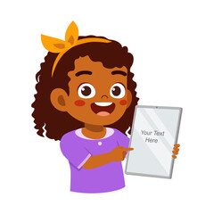 Happy young girl with dark hair pointing to a digital tablet screen with text.