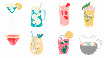 Illustration of various colorful refreshing summer cocktails and drinks with fruit and ice on a white background
