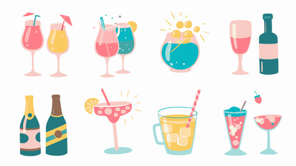 Illustration of various alcoholic and non alcoholic beverages in glasses and bottles on a white background