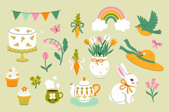 Cute set of spring items in delicate colors. Vector graphics