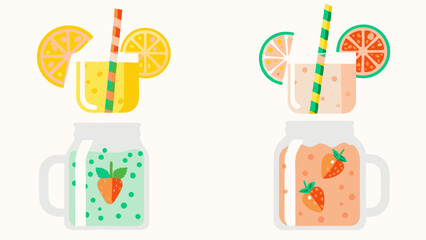 Illustration of mason jars filled with fruit infused water and citrus slices with decorative straws near them