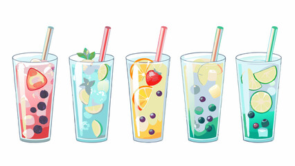 Illustration of five glasses filled with colorful fruit infused drinks with straws on a white background