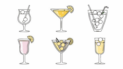 Illustration of six different cocktail glasses filled with colorful drinks and garnished with fruit slices