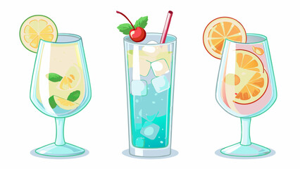 Three colorful cocktails in glasses with fruit slices and ice cubes arranged side by side on a white background