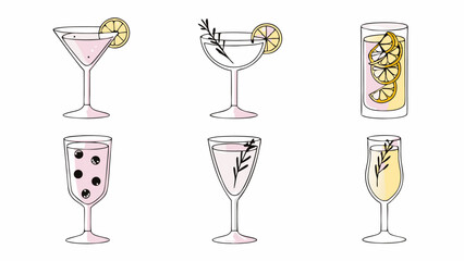 Illustration of six different cocktail glasses with various garnishes on a white background surface art