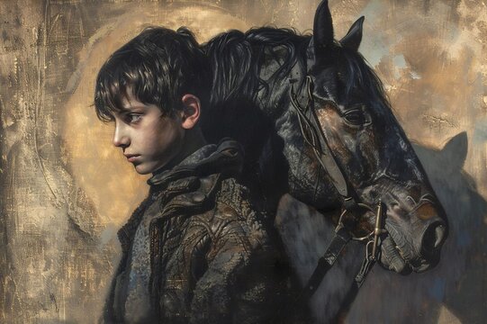 A young boy stands in profile, gazing off to the side, with a horse behind him, both set against a warm, golden-hued textured wall.