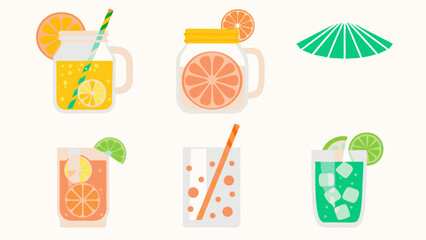 Illustration showing various summer drinks with citrus fruits like oranges, lemons, and limes in glasses