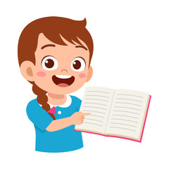 Happy Little Girl Pointing at Open Book with Blank Pages Illustration