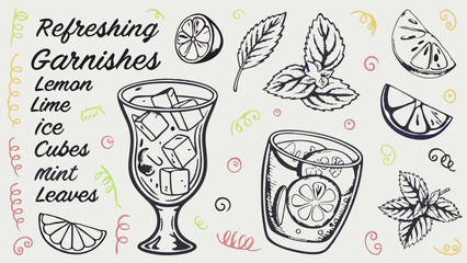 Illustration of refreshing summer drinks with lemon lime and mint leaves with ice cubes and garnishes