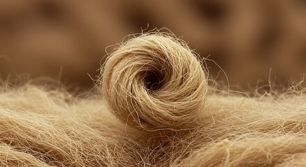 Fototapeta premium Beige Yarn Ball Close-Up: Textured Wool Spiral for Craft Projects and Textile Arts, Warm Natural Fibers and Fiber Design Concept
