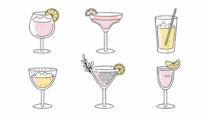 Illustration of six stylized cocktail glasses with various drinks and lemon slices on a white background
