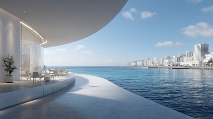 sea,Sleek Minimalist Modern Villa with Flat Roof and Glass Box Overlooking Mountains: Architectural Marvel in Concrete and Glass. Clean Surfaces and Smooth Floors Create Stunning Exterior for Car Show
