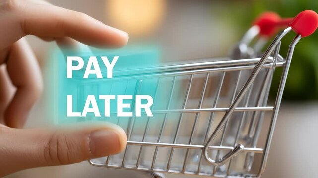 Pay later concept with hand holding shopping cart showing financial payment ease and flexible deferred payment option