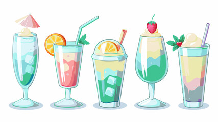 Illustration of five colorful summer cocktails with fruit garnishes and ice cubes on a white background