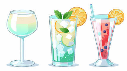 Illustration of three different cocktails with fruit slices and ice in glasses on a white background