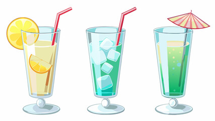 Three glasses of refreshing drinks with straws and lemon slice and umbrella on a white background image