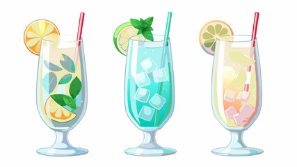 Illustration of three cocktail glasses with fruit slices ice and straws on a white background art