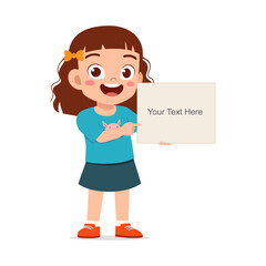 Happy Little Girl Holding and Pointing to a Blank Sign in Cartoon Illustration