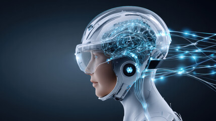 Futuristic Cyborg Woman with Transparent Helmet and Illuminated Neural Network Connections