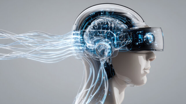 Futuristic Cyborg Head Wearing VR Headset Brain Data Streams Flowing Abstract Technology Concept