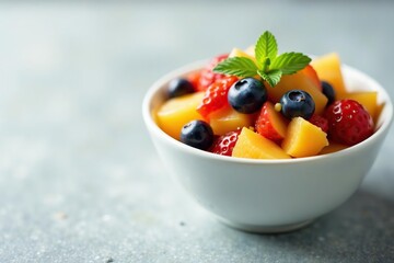Garnished festive bowl of colorful fruit salad, delicious, mixedfruit