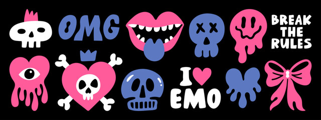 Cute hand-drawn emo stickers, tattoo art elements and phrases. Creepy love doodle concept set. Vector illustration.