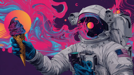 Astronaut holds the universe in his hands like ice cream. Pop art retro vector illustration vintage kitsch