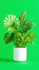 A vibrant arrangement of tropical foliage, including monstera and palm leaves, thrives in a simple white cylindrical pot against a bright green backdrop