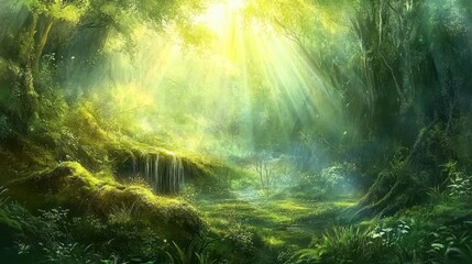 Fototapeta premium Idyllic view of a forest with sunlight filtering through lush foliage.