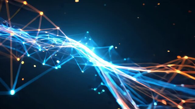 abstract blue and orange plexus network with glowing dots and lines