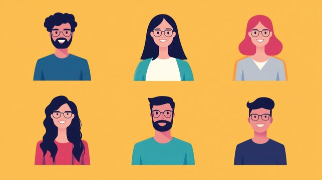 Diverse team of people in cartoon flat design avatars with eyeglasses.