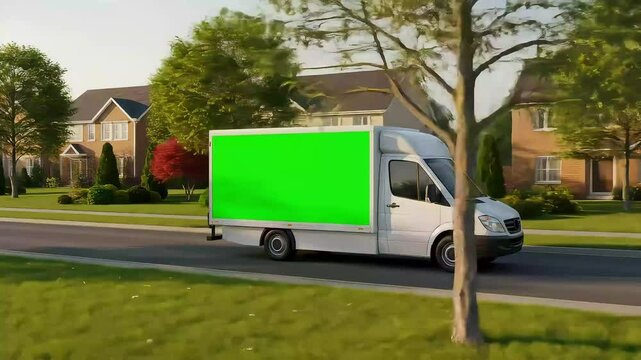 Delivery van with green screen on suburban road