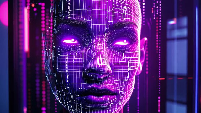 AI terminal with neon lights displaying a holographic interface of a digital avatar in a futuristic setting, AI terminal with neon lights showcasing a holographic, neutral yet nonhuman face - Powered by Adobe