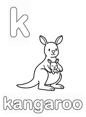 Alphabet Coloring Page for Kids. Children's Coloring Activity sheet. Cute Kangaroo Illustration to Color.