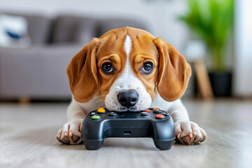A small dog laying on the floor with a video game controller