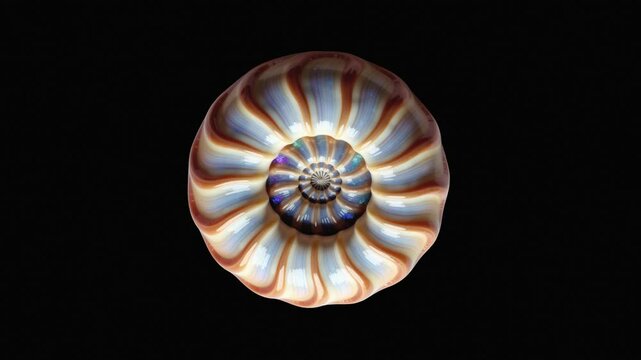 Nautilus shell animation rotating on black background, infinite loop. Hypnotic elegant symmetrical motion. Perfect for loading screens, transitions, oceanic themes.