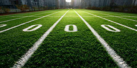 Obraz premium close-up photograph of the white yard lines and numbers on an american football field