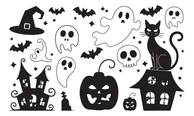 Halloween. Ghosts icon set. Collection of various scary and funny ghosts and animal ghosts. Magic symbols for parties, celebrations, templates and decorations. Isolated silhouette. Vector on white