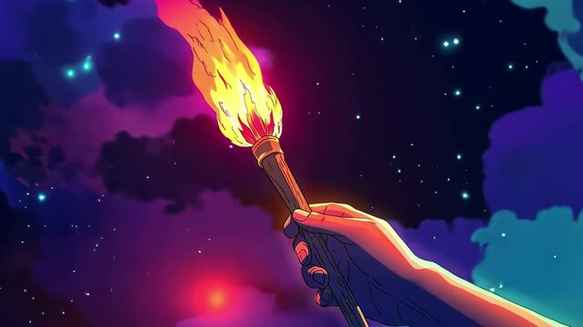 Illuminating the path with a torch under a starry sky in an enchanting anime landscape, anime hand raises a torch high, illuminating a path forward seamless ing background